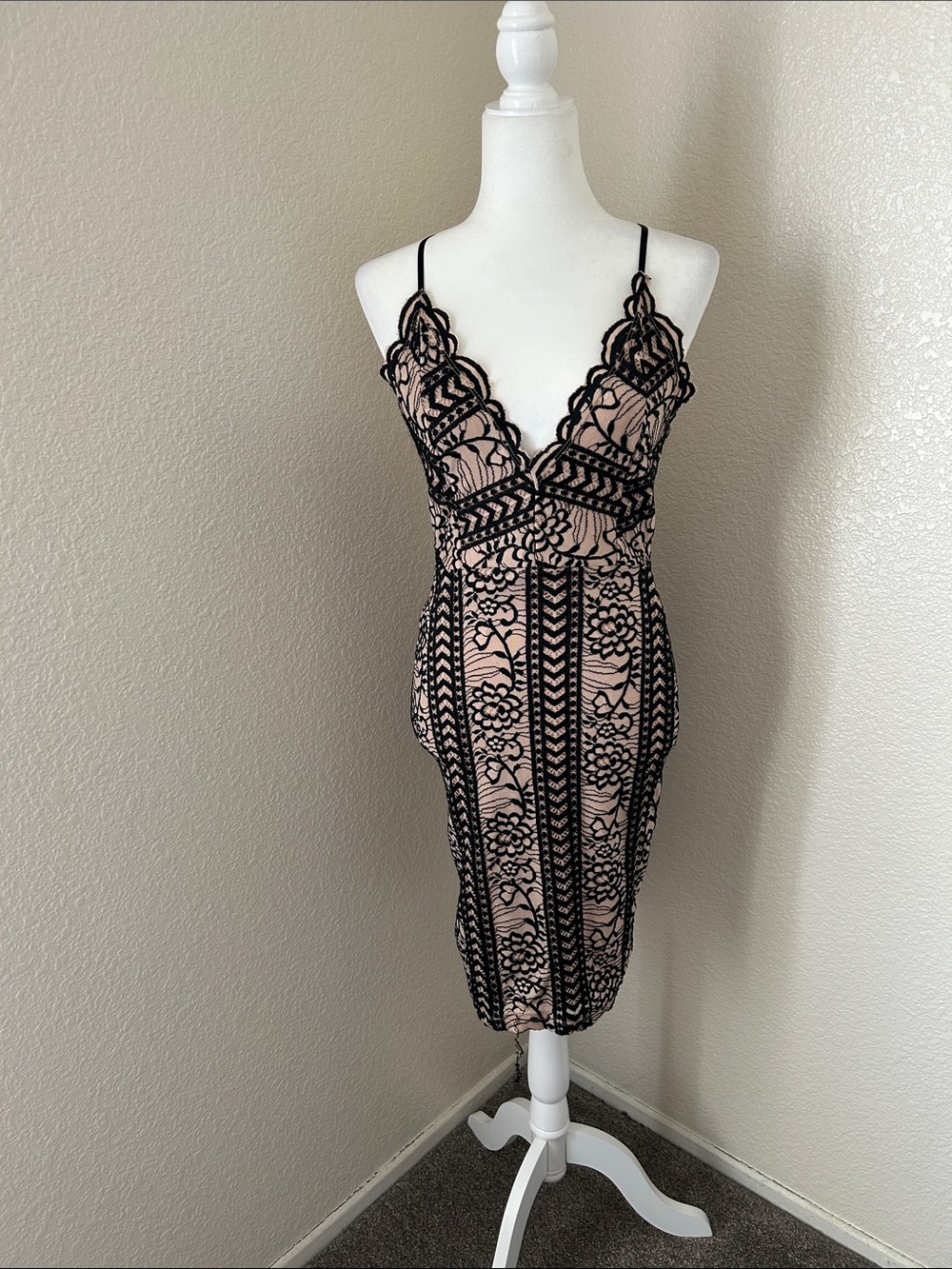 Lovely Day Pink Dress with Black Lace Overlay